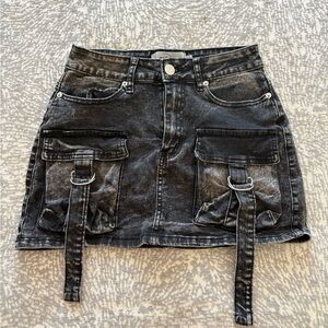 Refuge Black Denim Mini Skirt with Buckle Details